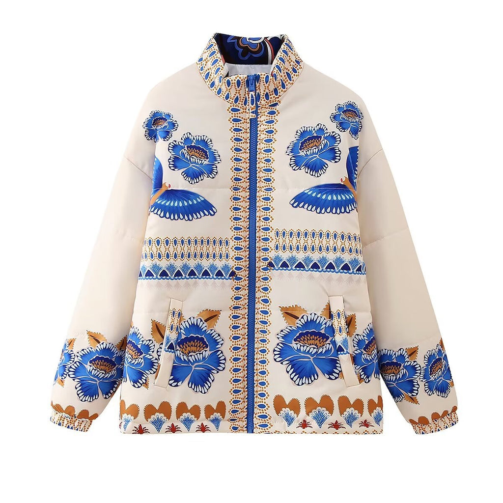 Veste bleue à imprimé floral et épaules tombantes