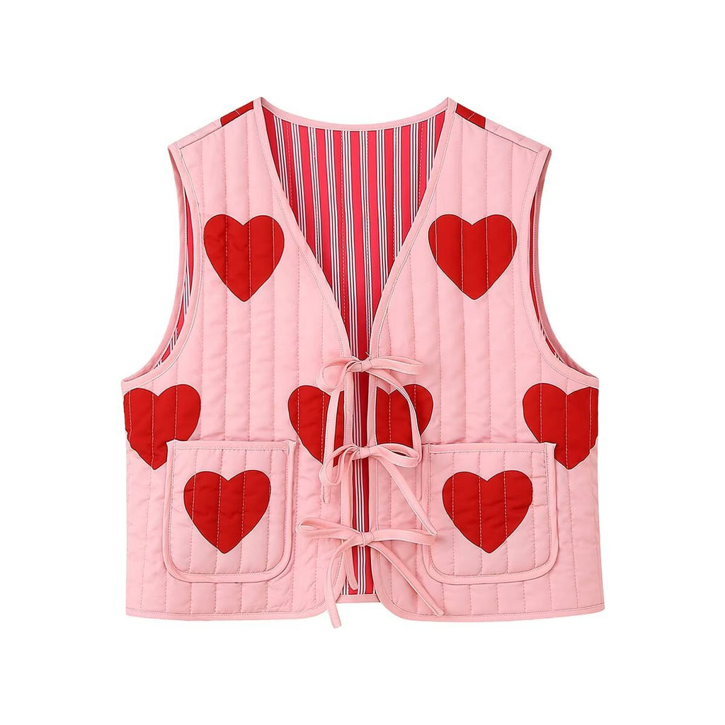 Gilet rose sans manches à imprimé cœur et nœud papillon, col en V