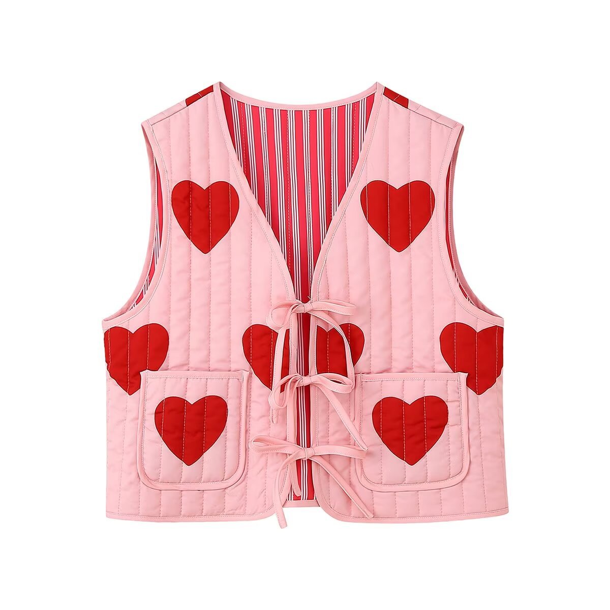 Gilet rose sans manches à imprimé cœur et nœud papillon, col en V