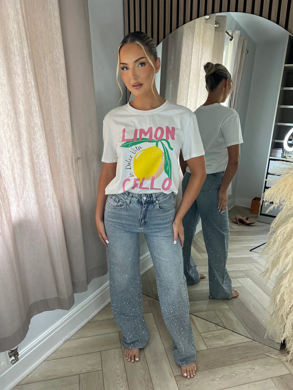 Jean vintage délavé à dégradé et strass à jambes larges