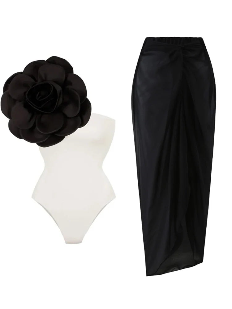 Maillot de bain uni à motif floral 3D