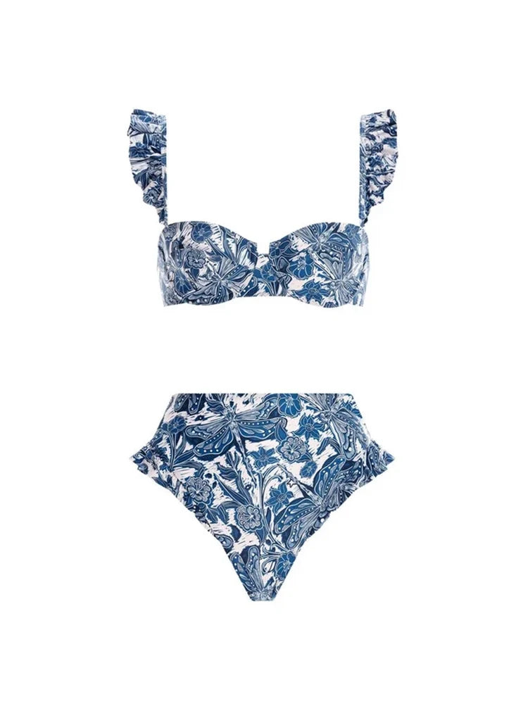Ensemble bikini à volants imprimé libellule bleue