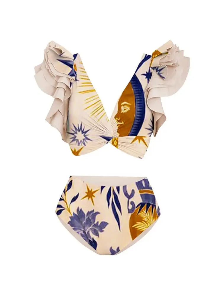 Ensemble bikini à volants et imprimé ethnique pour femmes