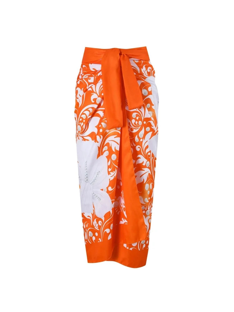 Ensemble maillot de bain orange avec détails de fleurs perlées