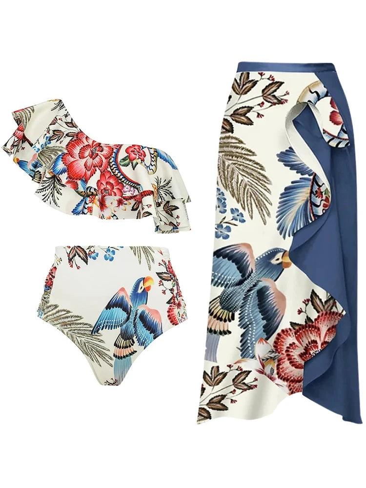 Bikini asymétrique à volants motif toucan tropical