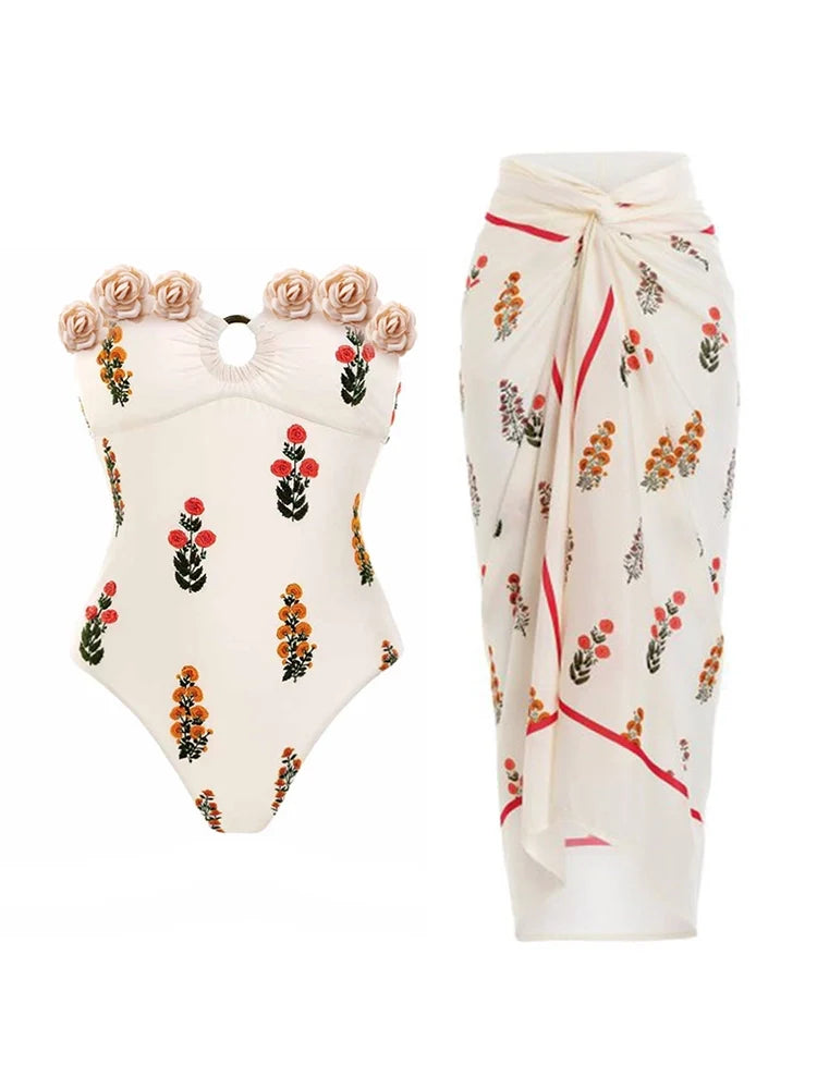 Maillot de bain une pièce sans bretelles orné de fleurs