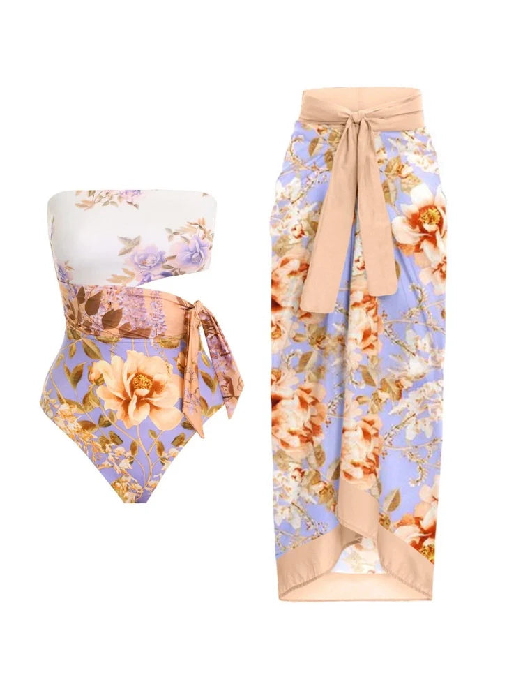 Maillot de bain une pièce à découpes florales et taille nouée