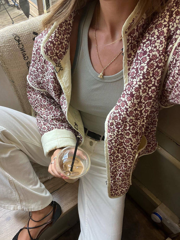 Veste en coton à petits motifs floraux et pince de poche, épaules tombantes