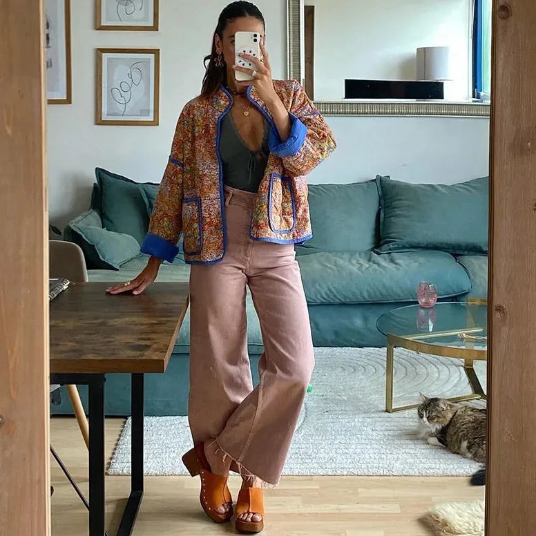 Veste en coton à petits motifs floraux et pince de poche, épaules tombantes