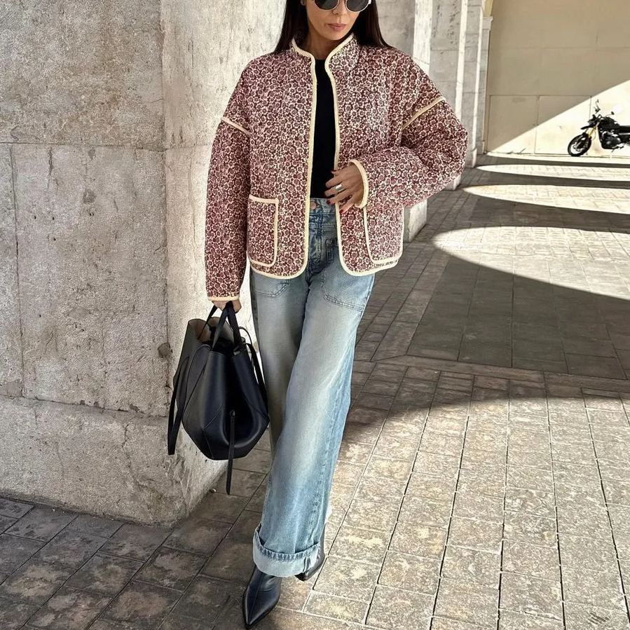 Veste en coton à petits motifs floraux et pince de poche, épaules tombantes