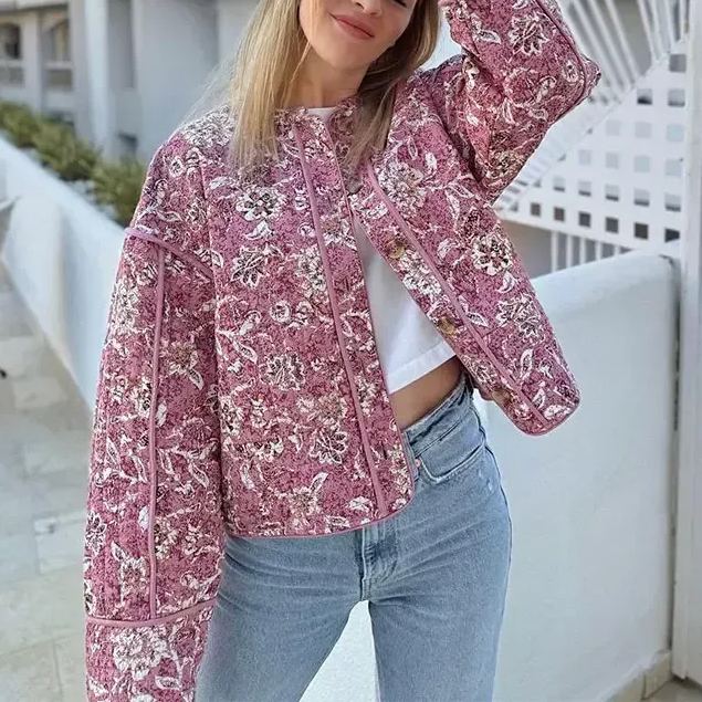 Veste matelassée style rétro urbain à imprimé floral