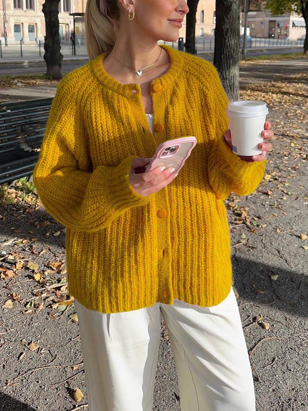 Cardigan à manches longues, couleur unie, style décontracté