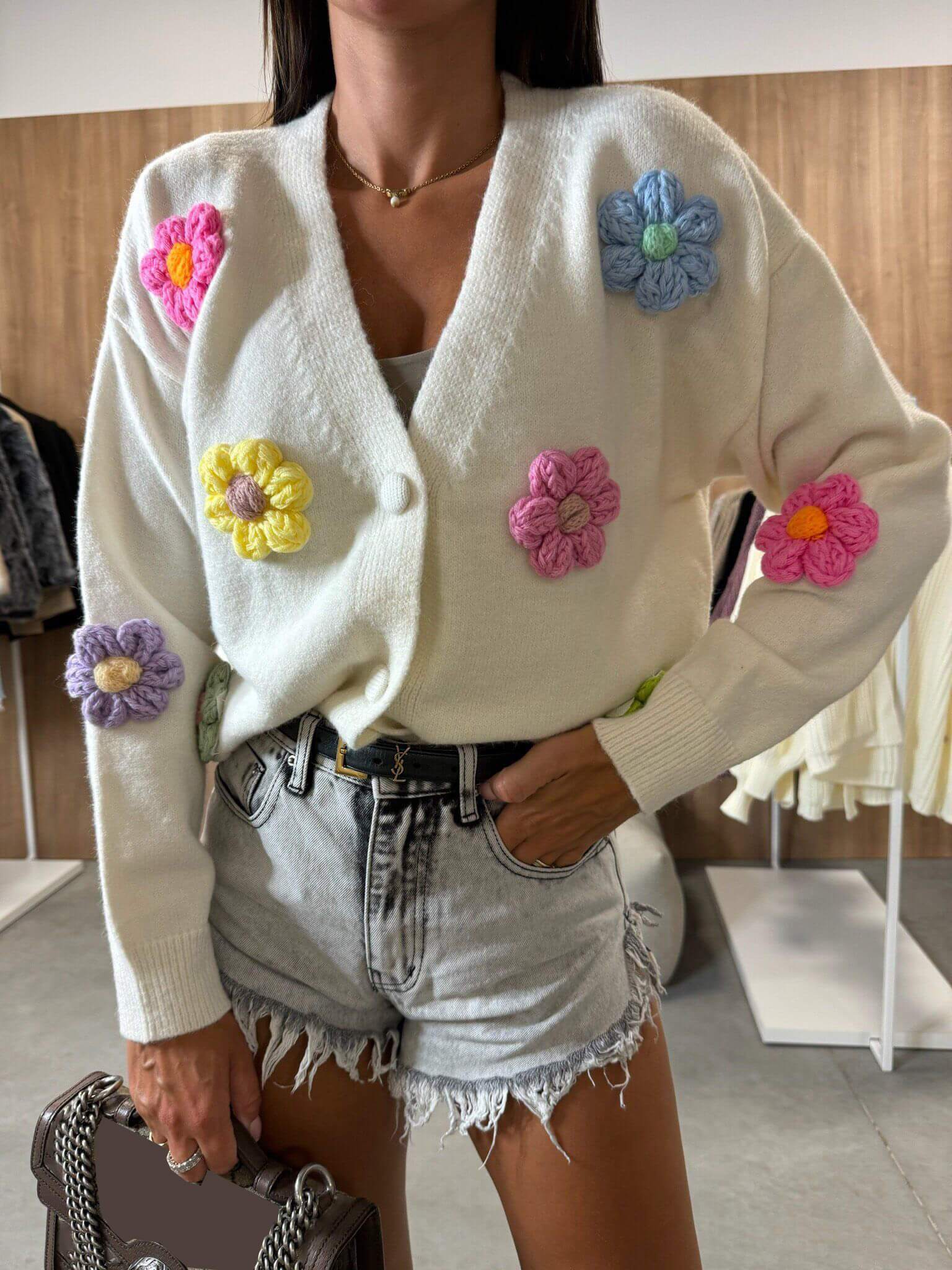 Gilet cardigan décontracté à fleurs en crochet