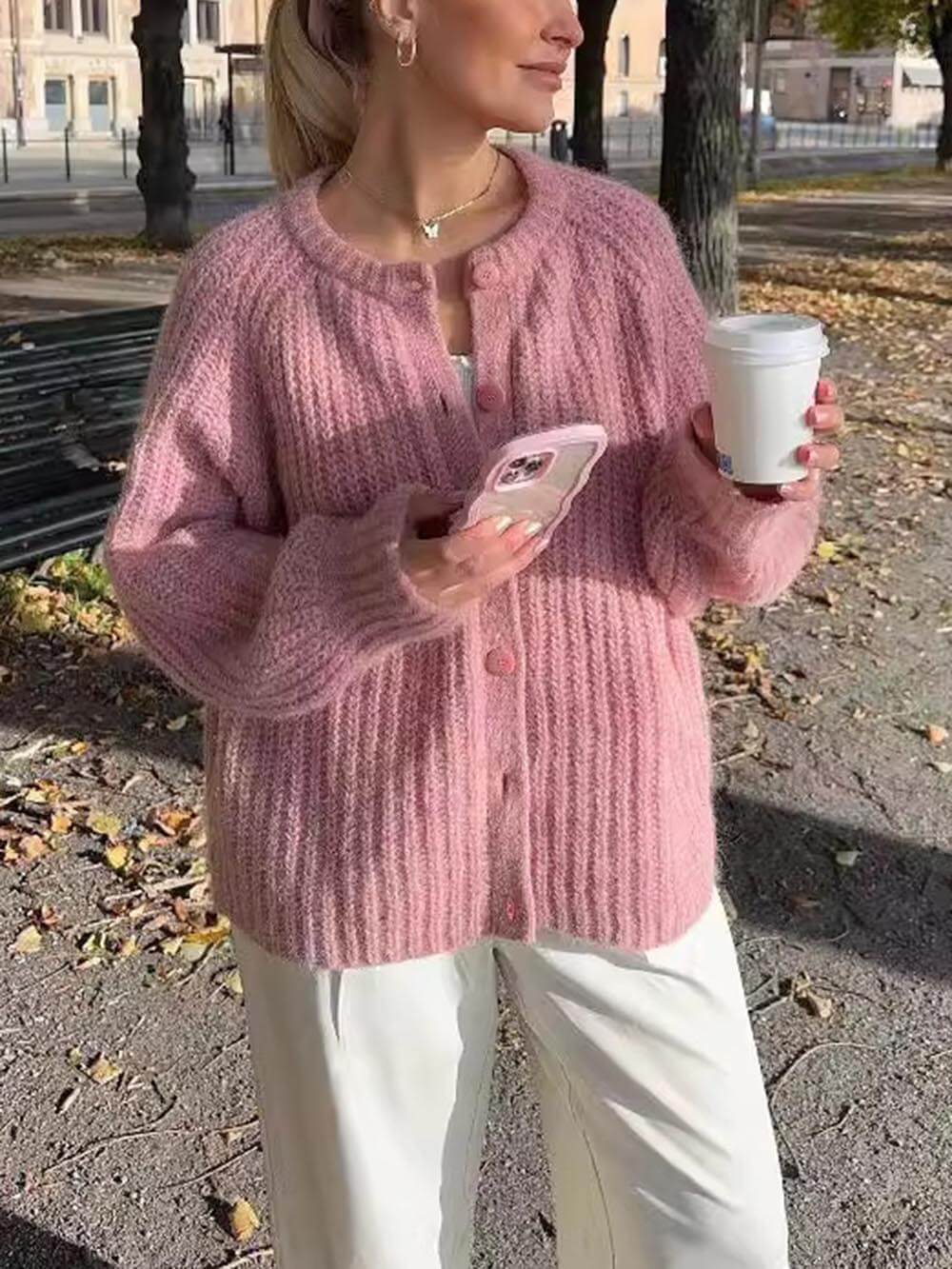 Cardigan à manches longues, couleur unie, style décontracté