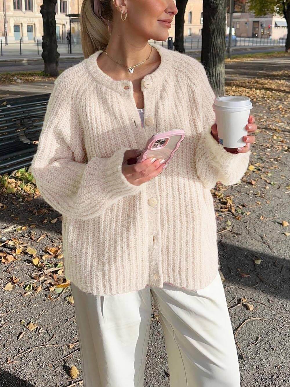 Cardigan à manches longues, couleur unie, style décontracté