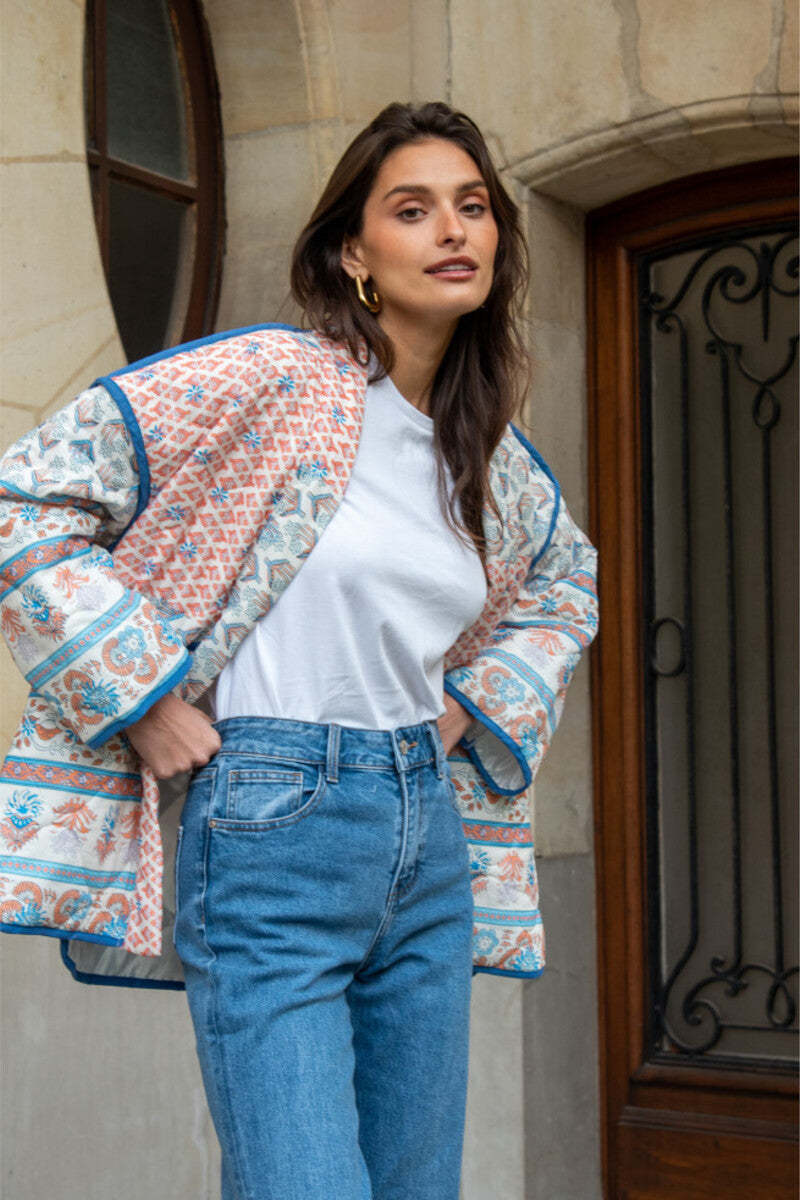 Veste matelassée fine à revers imprimé patchwork